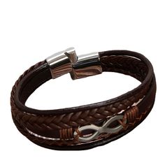 Material: Titanium Steel Fashion Element: Number Style: Simple Brown Leather Bracelet Fashion Accessory, Elegant Brown Leather Bracelet With Stainless Steel Clasp, Casual Brown Metal Bracelets, Casual Brown Metal Bracelet, Elegant Brown Leather Braided Bracelets, Elegant Brown Leather Braided Bracelet, Trendy Brown Leather Strap Jewelry, Trendy Brown Jewelry With Leather Strap, Trendy Brown Leather Jewelry