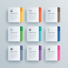 a set of eight numbered paper options with icons and text on them, all in different colors