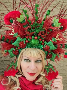 Get ready for Holiday party! Great addition to your "Ugly sweater" outfit or your holiday cocktail dress. Red and green colored headdress will stand out from the crowd. Great for Christmas, New Year, Halloween, Carnival, Masquerade, photoshoot and more... Decorated with reindeer, Elf stocking, xmas bells, big and small balls, holiday decorations, mesh, sequin....Headdress size about 15x15 inch. Elastic in the back, fits most heads. Colors can be slightly different from the pictures you see depends on your screen setting. Item sent by USPS next business day. Check my store for other fun crowns. Let me know if you are looking for a specific one.  NO returns, NO refunds, but please let me know if something is wrong with your item. Thank you for your interest in my design. Enjoy your day! Christmas Headdress Diy, Christmas Hats Ideas, Catrina Headband, Masquerade Photoshoot, Ugly Sweater Outfit, Christmas Headband Diy, Winter Crown, Funny Christmas Hats, Diy Christmas Outfit