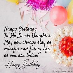 a birthday card for a daughter with balloons and confetti on the table next to it