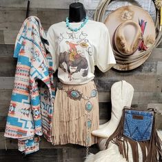 Western Crew Neck Tops For Rodeo, Crew Neck Top With Graphic Print For Western-themed Events, Western Fashion For Women, Women’s Western Shirts, Women's Western Clothing Shirts & Tops, Printed Bell Bottoms, Western Style Cotton T-shirt For Rodeo, Rancher Hat, Girl Hand