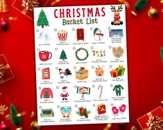 a christmas bucket list on a red background surrounded by presents and other holiday decor items