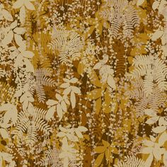 an abstract floral pattern with leaves and flowers in gold, white, and brown colors