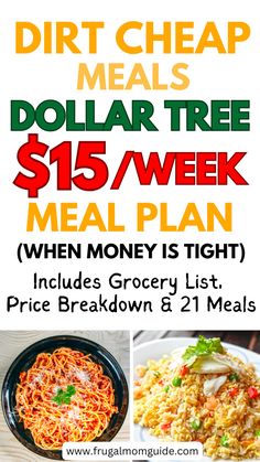 a flyer for the $ 15 / week meal plan with pictures of different meals and prices