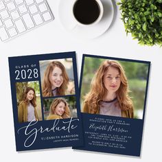 two graduation announcement cards on top of a desk next to a keyboard and cup of coffee