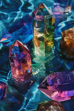 several different colored crystals sitting in the water