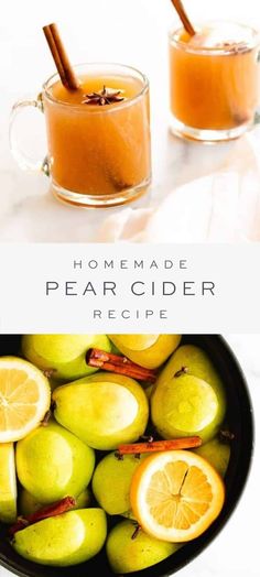 homemade pear cider recipe in a bowl with cinnamon and lemon slices on the side