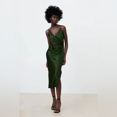 This Is A Gorgeous Dark Green Dress From Zara That Is New With Tags And Has Never Been Worn. It Would Be Great For A Wedding, A Night Out, Or Dressed Down With A Top And Jacket. Size S. Green Zara Midi Dress For Day Out, Zara Green Dress Satin, Zara Green Sleeveless Midi Dress, Zara Green Suede Dress, Zara Green Spaghetti Strap Dress, Zara Denim Dress, Zara Floral Print Dress, Zara Woman Dress, Cream Midi Dress