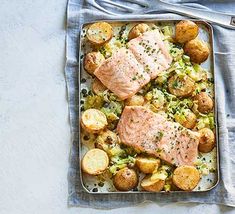 salmon and potatoes on a plate with a fork next to the dish, ready to be eaten