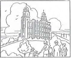 a black and white drawing of people standing in front of a building with tall spires