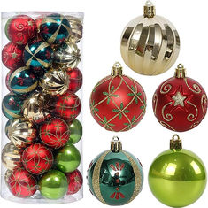 several christmas ornaments are in a clear container and one is red, green and gold