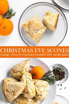 christmas eve scones with oranges and rosemary served with vanilla glaze on white plates