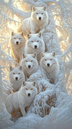 a group of white wolfs standing in the snow