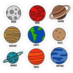 the solar system stickers are shown in different colors and sizes, including saturn, pluto, venus, earth