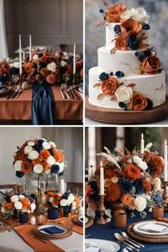 wedding cake with orange and blue flowers on it, surrounded by other decorations at the reception table