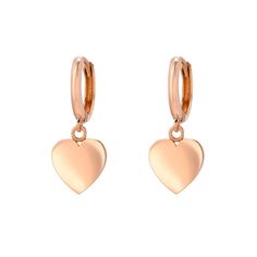 14K Rose Gold 10mm Huggie Hoops Heart Charms Elegant Rose Gold Huggie Heart Earrings, Classic Double Heart Rose Gold Jewelry, Classic Rose Gold Double Heart Jewelry, Valentine's Day Rose Gold Heart Earrings, Rose Gold Huggie Jewelry For Valentine's Day, Classic Rose Gold Heart Earrings As Gift, Dainty Double Heart Rose Gold Earrings, Elegant Rose Gold Heart Earrings With Charm, Elegant Rose Gold Heart Charm Earrings