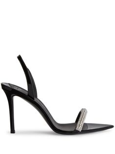 black calf leather rhinestone embellishment open toe branded insole slingback strap high 90mm stiletto heel Zanotti Heels, Giuseppe Zanotti Heels, Sandals Black, Stiletto Heel, Giuseppe Zanotti, Black Sandals, Women's Shoes Sandals, Leather Sandals, Calf Leather