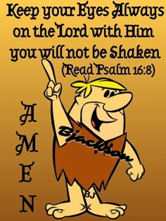 a cartoon character pointing to the sky with an open hand and bible verse below it