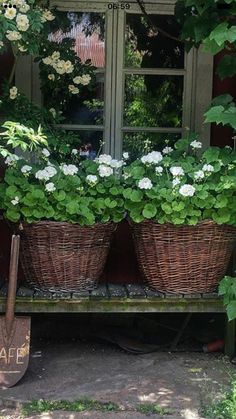 two baskets with flowers in them are sitting on a bench next to an old window