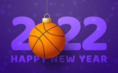 a basketball ornament hanging from a string on a purple background with the words happy new year