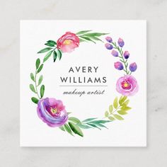 a watercolor floral wreath with the words avery williams makeup artist on it's front