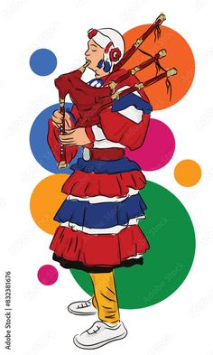 an image of a woman playing the bagpipes in front of colorful circles and dots