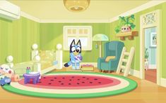 a cartoon character is standing in a room with watermelon on the floor and other toys