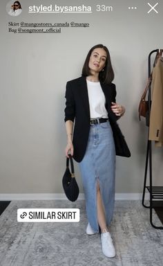 Jean Skirt Outfit Work, Jean Skirt Business Casual, Dress And Runners Outfit, Denim Skirt Business Casual, Denim Skirt Chic Outfit, Denim Skirt Outfit Office, Denim Jacket Trousers Outfit, Jean Skirt With Blazer, Organizing Jeans In Closet Ideas Shelves