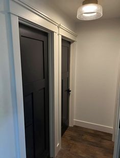 an empty hallway with two doors and hard wood flooring on one side, light hanging from the ceiling