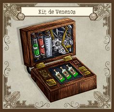 an open wooden box with various items in it and the words kit de venenos