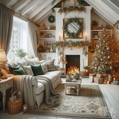 a living room filled with furniture and a christmas tree in the corner next to a fire place