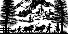 the silhouettes of people and animals are in front of some pine trees with mountains