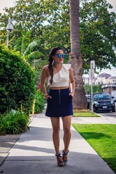 Chic Outfit from Grace (@gracefulleemade) with TOMS Sunglasses, Shoptiques Tops, ROMWE Skirts, Matisse Sandals, francesca's Earrings It's Hot, Skater Skirt, Denim Skirt, Style Fashion, York City