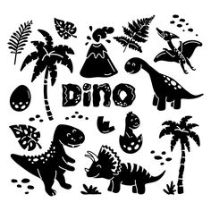 dinosaurs and palm trees with the word dino