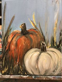 an acrylic painting of two pumpkins sitting on top of each other