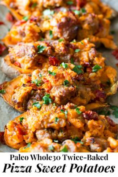 baked sweet potatoes with meat and herbs on parchment paper