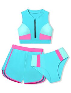 PRICES MAY VARY. 🌴[Comfy & Stretchy Fabric]: AGAPENG girls swimsuit is made of 82% polyamide,18% elasthane, the girls bathing suit fabric is quick-drying and stretchy，skin-friendly, breathable and lightweight, soft and comfortable to wear.This girls' swimwear with premium lined, not see through when get wet. 🌴[Feature Design] Colorblock, zipper front, sleeveless, removable chest pad, high waisted, 3 piece girls bikini set with shorts, modest and stylish,cute and sporty style, vibran and bright Colorblock Swimsuit, Swimsuits Sporty, Bathing Suit Shorts, Girls Swimwear, Sporty Girls, Cute Swimsuits, Suit Fabric