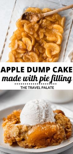 an apple dump cake made with pie filling and the travel palate is ready to be eaten