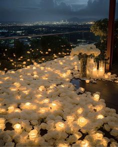 many lit candles are on the ground near flowers