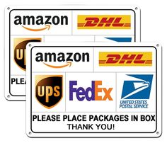 three signs with different logos on them and one says, please place packages in box thank you