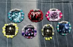 six different bracelets with pictures on them