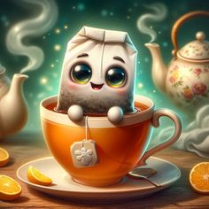 a cartoon character is sitting in a teacup with orange slices around it and some teapots on the table