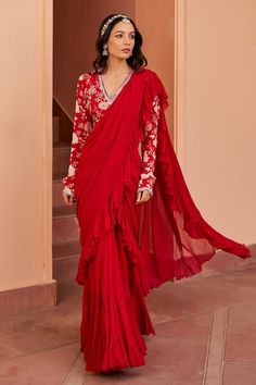 Red pre-draped ruffle saree in a solid base and tiered hem. Comes with sequin and pearl embellished  floral print blouse. - Aza Fashions Ruffle Sarees, Ruffle Saree, Drape Saree, Blouse For Women, Floral Print Blouses, Saree With Blouse, Churidar, Print Blouse, Aza Fashion