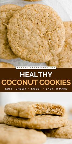 A healthy baking idea for beginners! It's clean eating, dairy free, egg free, vegan, and low fat with a gluten free version. Soft and chewy, these Healthy Coconut Cookies are the BEST. Save this healthy dessert recipe and enjoy these yummy cookies! Healthy Almond Joy Cookies, Avocado Cookies Healthy, Quick Healthy Cookies, Whole 30 Cookies, Splenda Cookies, Healthy Coconut Cookies, Coconut Cookies Healthy, Greek Yogurt Cookies, Dairy Free Greek Yogurt