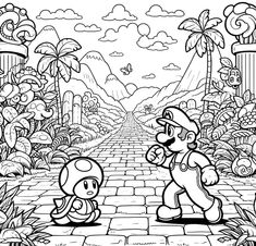 an image of mario and luigi in the middle of a road with plants on either side