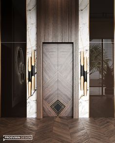 an open door in the middle of a room with wooden flooring and marble walls