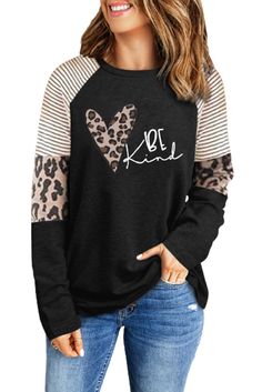 Black Be Kind Heart Striped Leopard Color Block Long Sleeve Top Trendy Heart Print Tops For Fall, Black Long Sleeve Tops With Heart Graphic, Black Long Sleeve Top With Heart Graphic, Black Heart-shaped Top With Graphic Print, Black Heart Print Top For Spring, Fall Leopard Print Tops With Letter Design, Casual Heart Print Tops For Fall, Fall Leopard Print Top With Letter Details, Spring Black Top With Heart Print