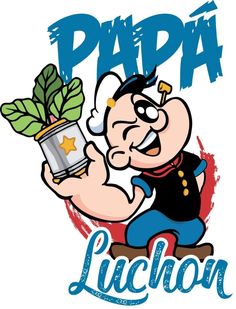 a cartoon character holding a potted plant with the word papa on it's side