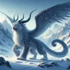 a white and black dragon standing on top of a snow covered mountain next to mountains