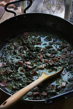 a pan filled with greens and meat next to a cat